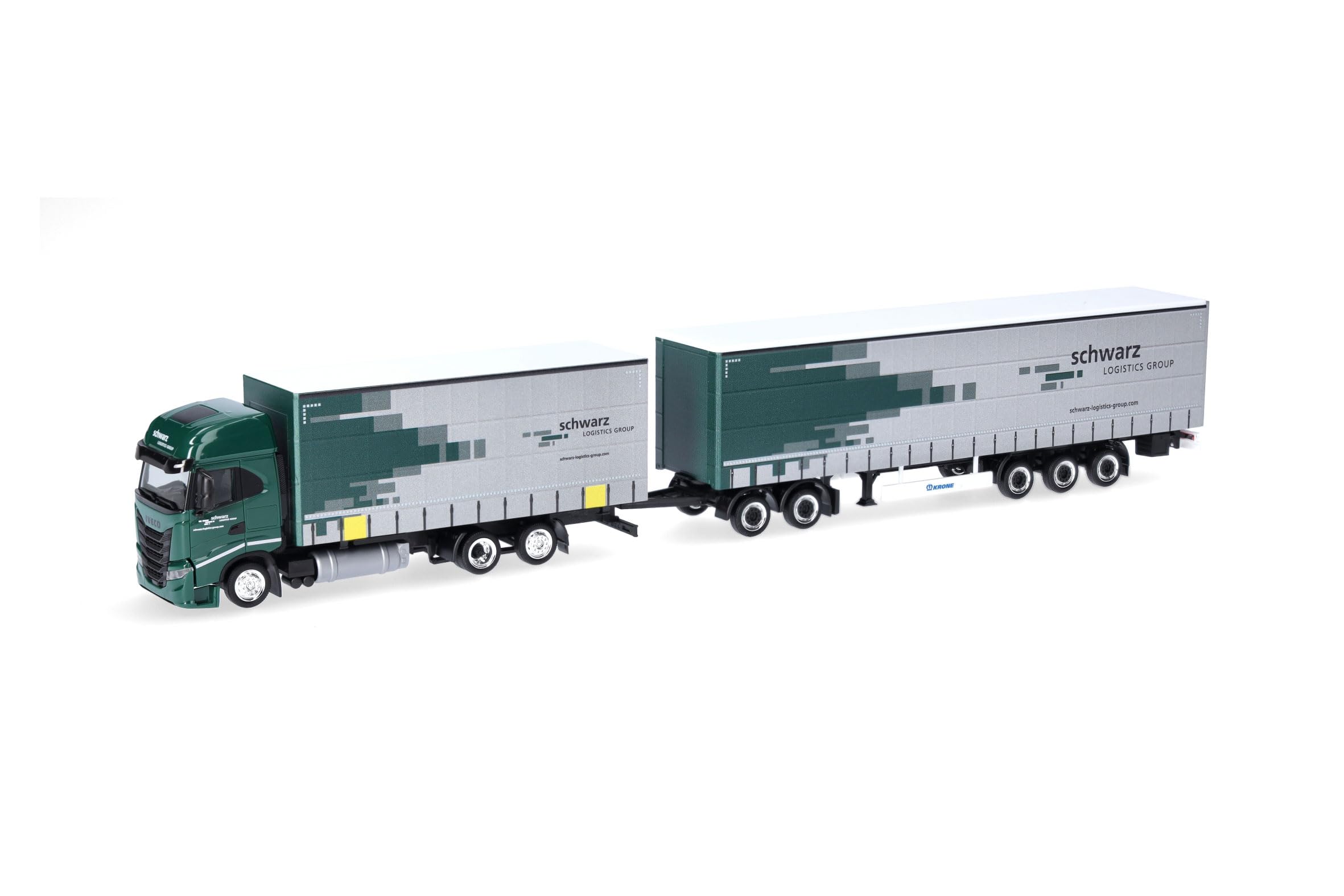 Herpa model ciężarówki Iveco S-Way zestaw z plandeką długą (Lang-LKW) „Spedition Schwarz”, miniatura w skali 1:87, model kolekcjonerski, wyprodukowano w Niemczech, tworzywo sztuczne