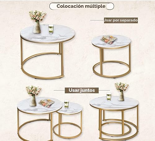 Miniatura 4 de aboxoo Juego de 2 mesas auxiliares blancas con marco dorado, circulares redondas y con patrón de mármol, mesas de madera, sala de estar, dormitorio,