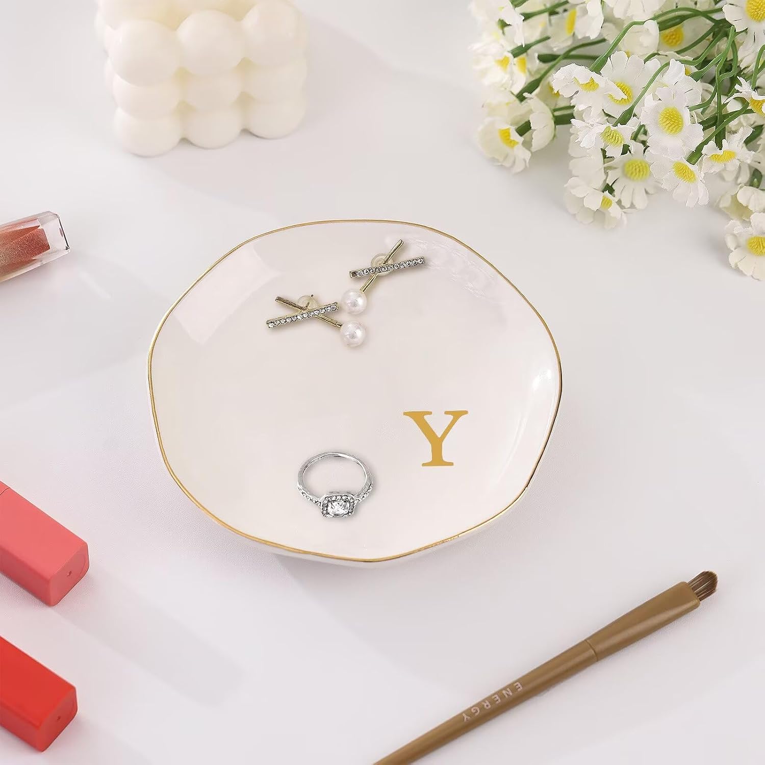 Ceramic Jewelry Tray, Personalized Initial Ring Dish, Elegant Trinket Tray for Rings Earrings Bracelet Necklaces, White Decorative Jewelry Holder for Women Vanity, 4.5 Inch, Letter Y image 4