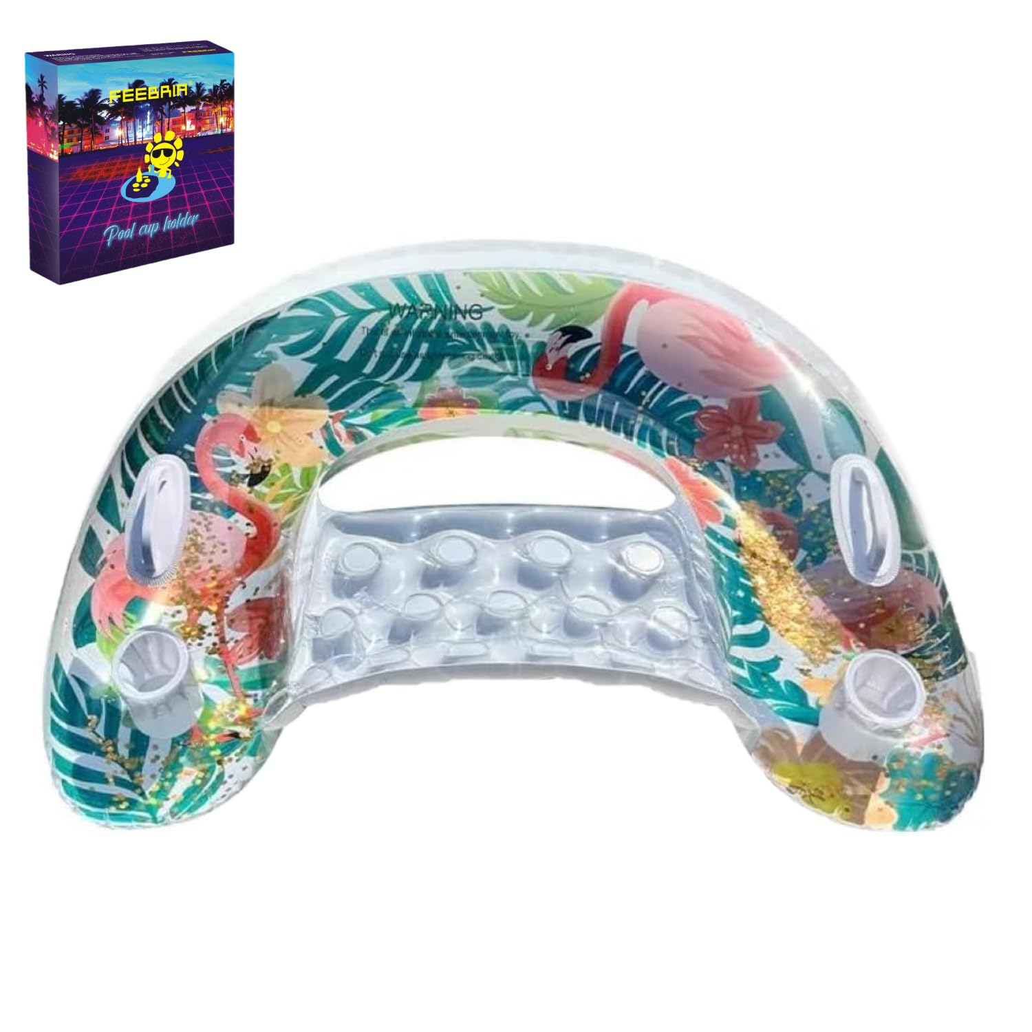 DEJIN Inflatable Pool Chair for Adults, XL 120 x 90 cm, Flamingo Pool Lounger with 4 Drink Holders and 2 Handles, Robust 0.6 mm PVC, Swimming Ring for Lake, Beach and Summer Pool Party