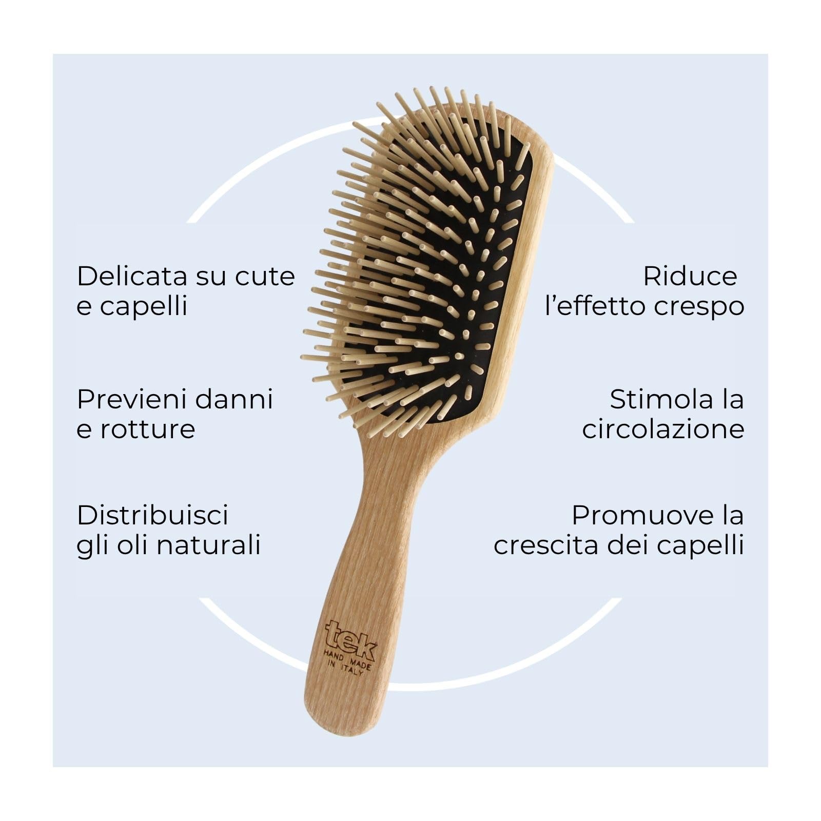 TEK – Spazzola Rettangolare con Denti Lunghi in Legno di Frassino FSC®, Fatta a Mano in Italia – Ideale per Capelli Lunghi, Molto Lunghi, Lisci e Folti – Districante e Massaggiante