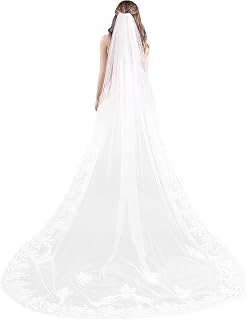 118'' Wedding Veil for Women/Brides – Gorgeous Long Cathedral Length Bridal Veil with Comb, Appliqued Lace, Floral Soft Tulle, Drop Tier Headpiece for Church (Ivory)