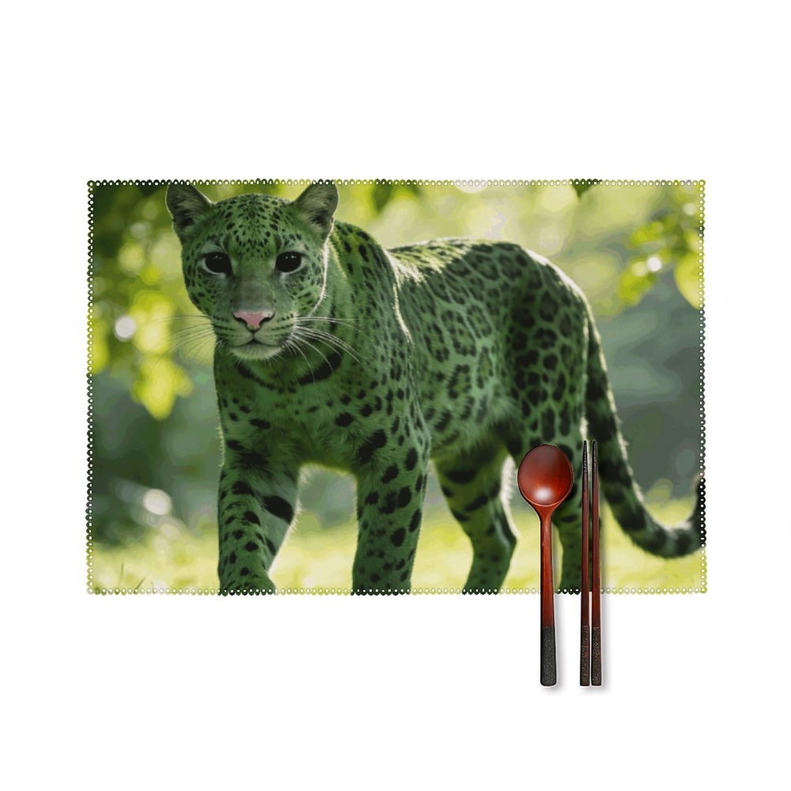 Green Leopard Placemats Set of 6, 12x18 Inch Heat Resistant Washable Canvas Table Mats, Stain Resistant Decorative Dining Placemats for Kitchen, Restaurant, Outdoor Party