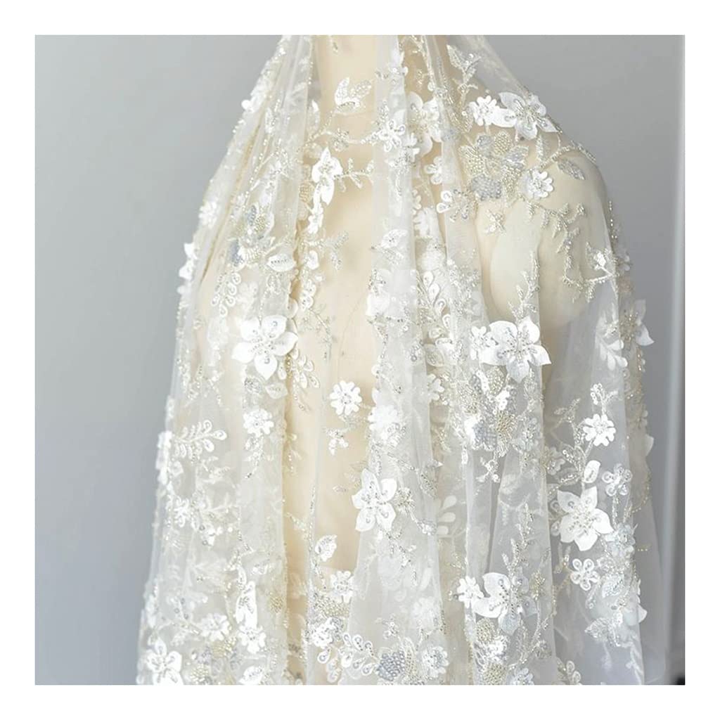 1PCS 125 Cm Trójwymiarowa Haftowa Koronkowa Tkanina Z Cekinami, Woodele Woutor Materiał Odzieży Ręcznie Robiony Tkanina DIY(White)
