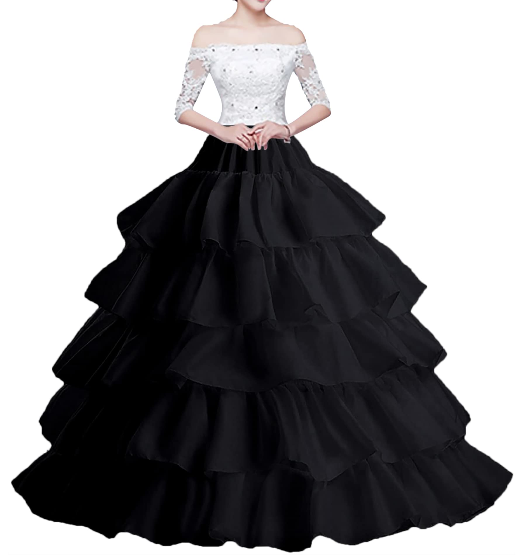 Wohnvoraus Women's Black Crinoline Petticoat 4 Hoops Underskirt 5 Ruffles Ball Gown Crinoline Half-Slip For Wedding Bridal Dress Petticoat Hoop Underskirt