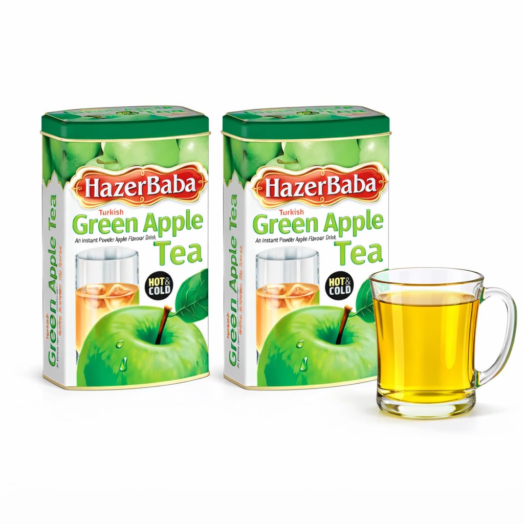 Hazer Baba Instant Drink Mix with Green Apple Flavor, Tin Box, Fruity Natural Powder, Quick Hot or Cold, Water Enhancer, Juice, Smoothie, Vegan, Halal, Kosher, Pack of 2, 8.8 oz (250g)