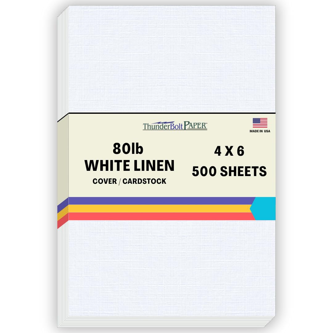 500 White Linen 80# Cover Paper Sheets - 4" X 6" (4X6 Inches) Photo|Card|Frame Size - 80 lb/pound Card Weight - Fine Linen Textured Finish - 96 Bright