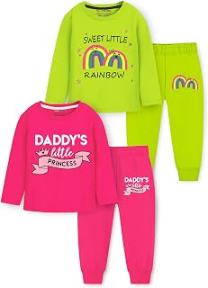 Trampoline Girls Cotton Blend T-Shirt and Pajama Set – Pack of 2 | “Daddy’s Little Princess” & “Sweet Little Rainbow” Prin... Price In India