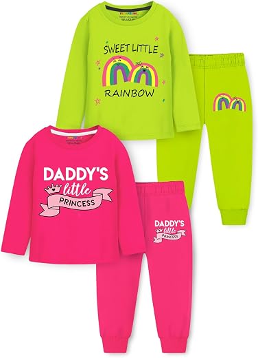 Trampoline Girls Cotton Blend T-Shirt and Pajama Set – Pack of 2 | “Daddy’s Little Princess” &amp; “Sweet Little Rainbow” Prin...