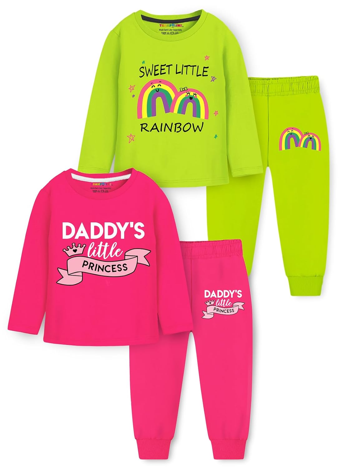 Trampoline Girls Cotton Blend T-Shirt and Pajama Set – Pack of 2 | “Daddy’s Little Princess” & “Sweet Little Rainbow” Prin...