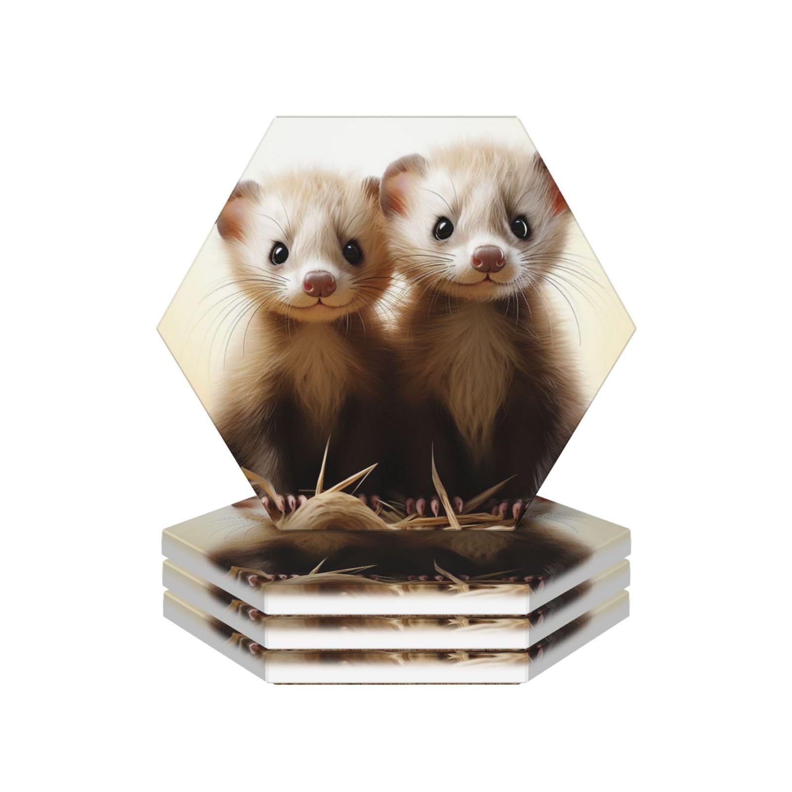 Drink Coasters Set of 4 Coffee Ceramic Coaster Ferrets Coasters for Drinks Coffee Cup Mat Heat Resistant Tabletop Protection Coaster Desk Accessorie Home Decorative