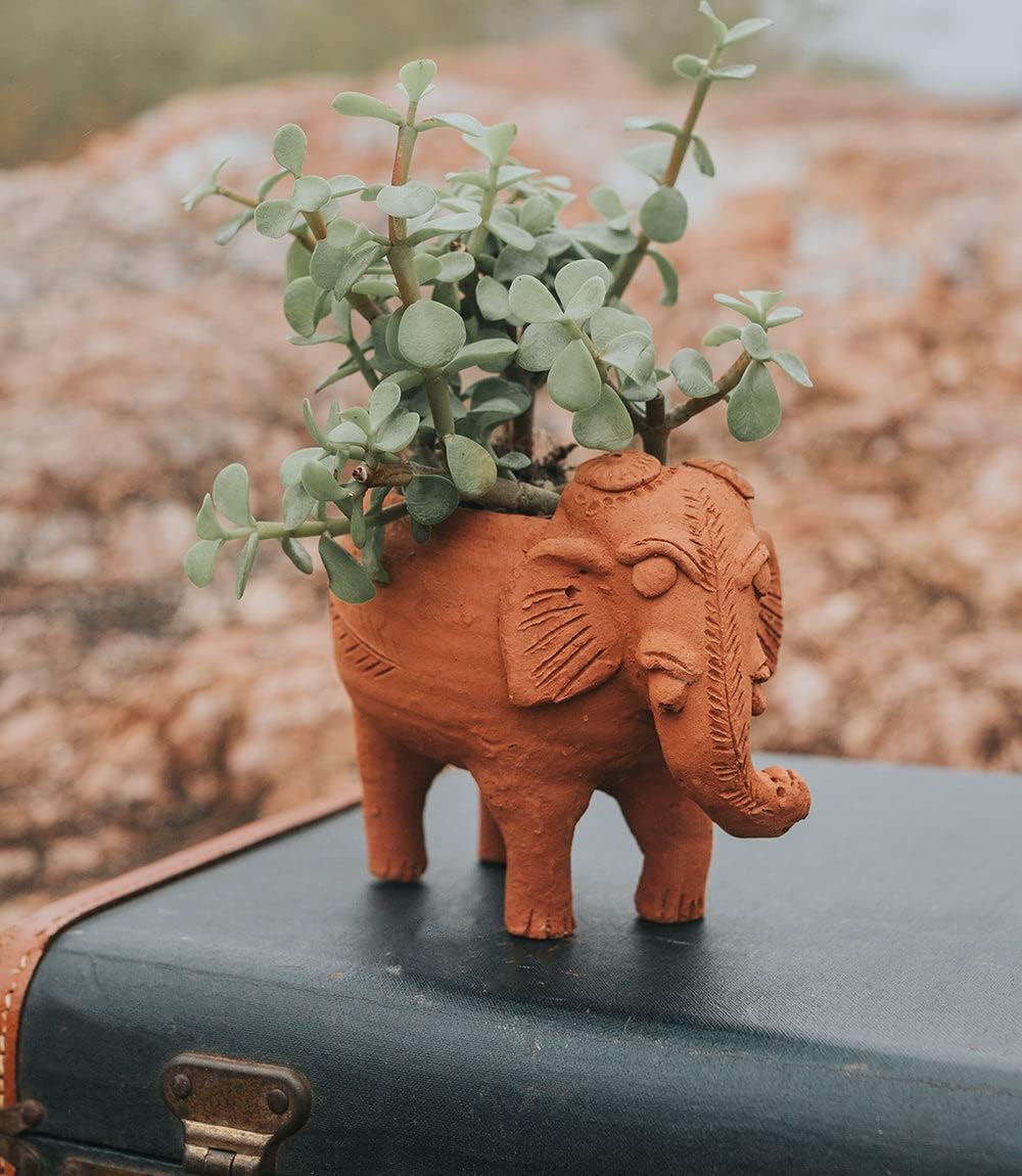Matr Boomie Hand Crafted Small 4-inch Terracotta Planter Pot with Drainage Hole, Cute Elephant Design