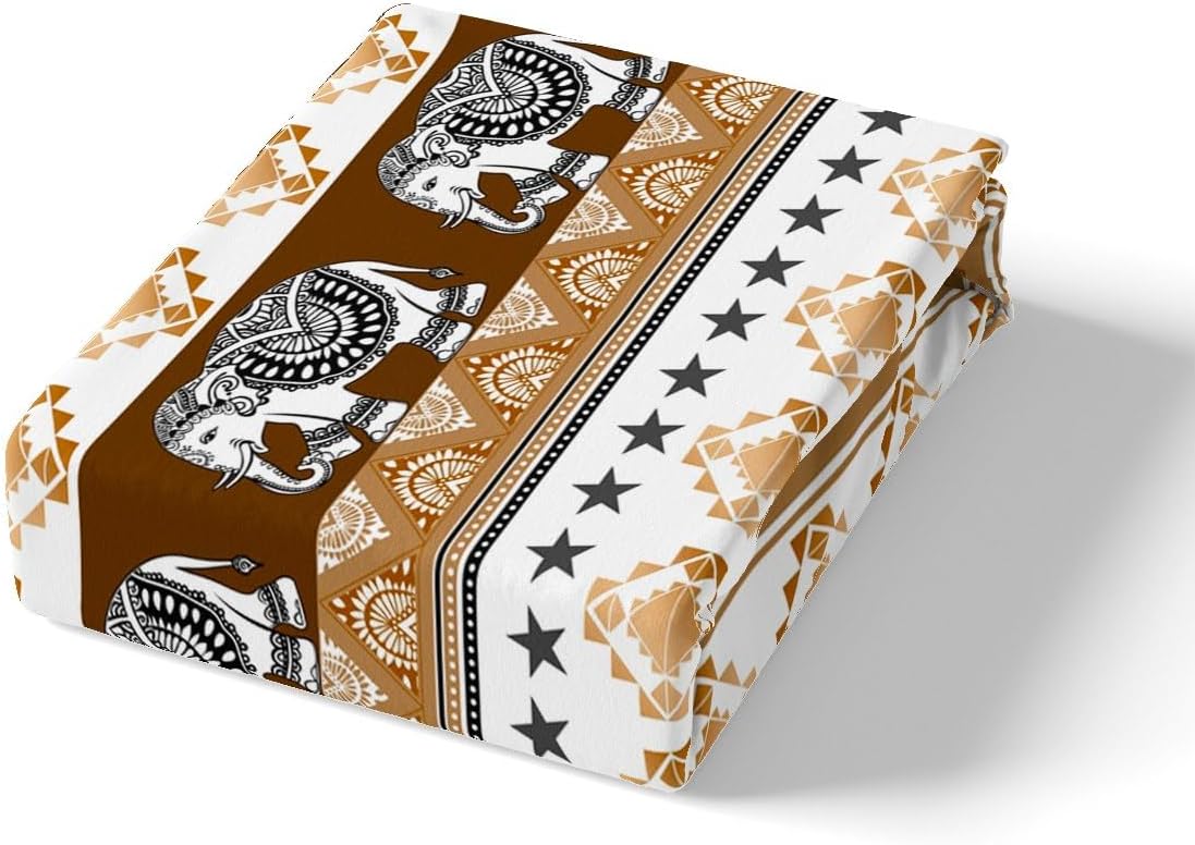 Ethnic Tribal Style Duvet Cover Set Toddler Size,Rustic Boho Elephant Wildlife Animal Reversible Quilt Cover for Kids Boys Bohemian Brown Stripes Bedding Set with 1 Pillowcase,No Comforter