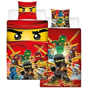 Lego Ninjago Kinder-Bettwäsche Fire Champion – 135×200 cm + 80×80 cm – 100% Baumwolle Linon – Cole – Jay – Kai – Lloyd – Zane – Nya – Misako – Sensai Wu – Renforcé – deutsche Größe – Wende-Motiv