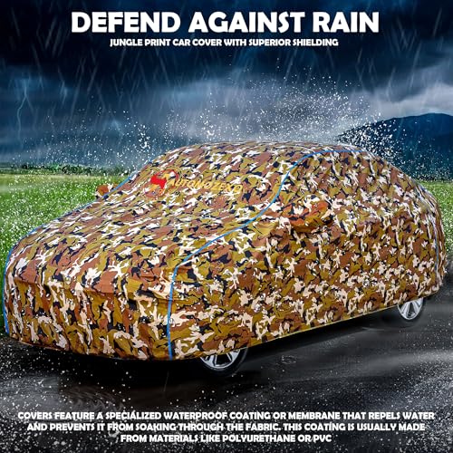 Image of Scorpion 100% Waterproof Car Cover for All Weather Protection with Mirror Pocket Inner Cotton Layer Triple Stitched Cover with Adjustable Belt Bottom Elastic to Secure Fit -Jungle