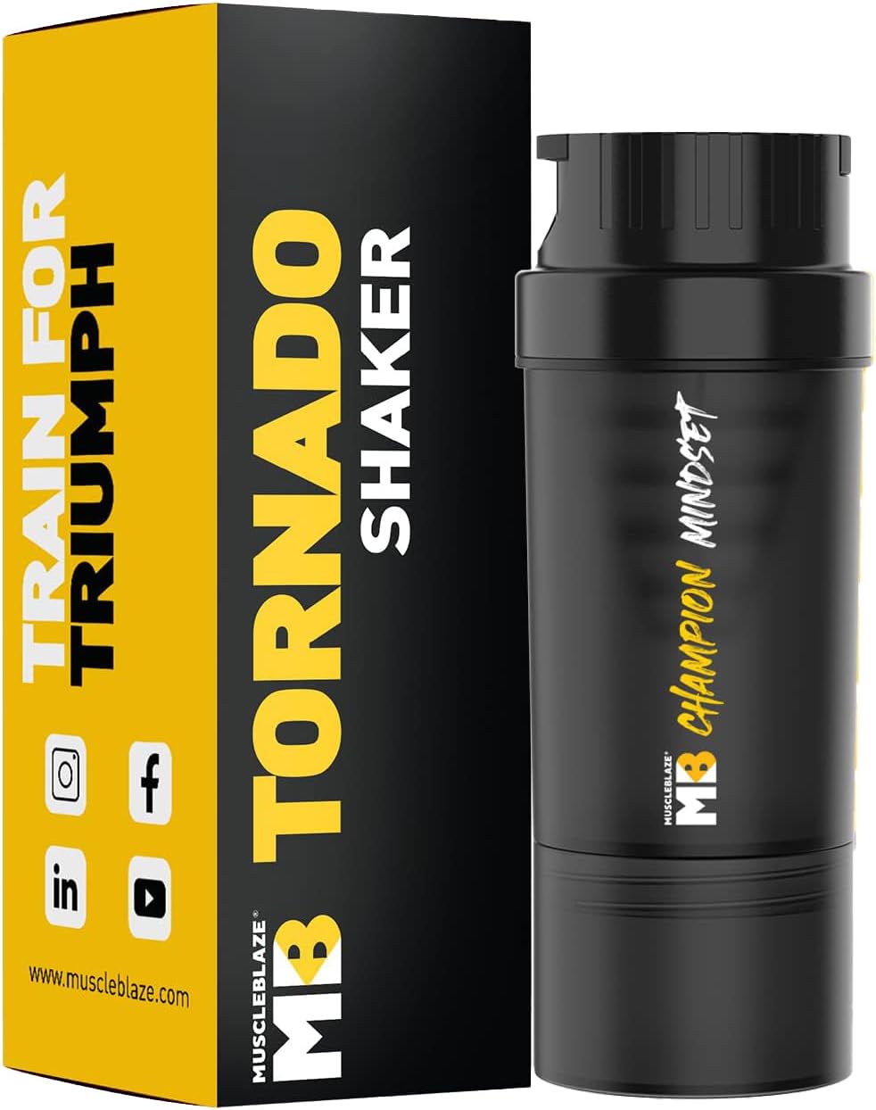 MuscleBlaze Tornado Gym Shaker (Black, 500ml) | Sipper Bottle with Extra Compartment | Leakproof, BPA Free Protein Shaker| Plastic