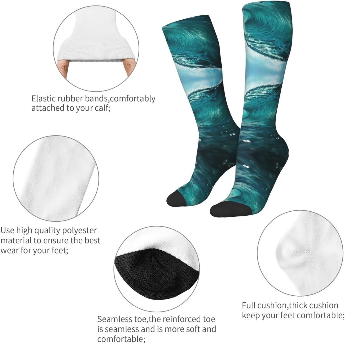 Ocean Green Wave Surf Print Breathable Crew Neck Athletic High Socks,Suitable For Sports,Running,And Travel.