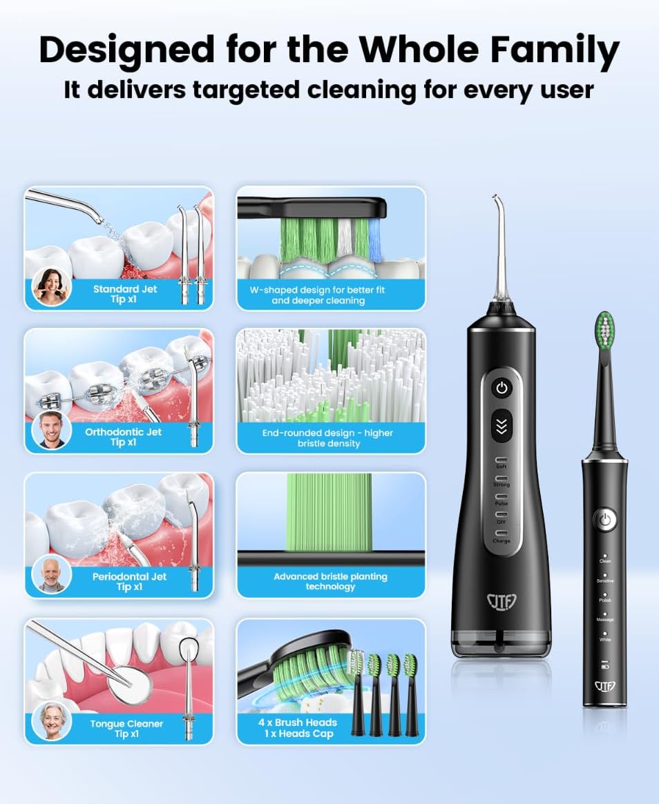JTF Electric Toothbrush with Water Flosser Combo: 2-in-1 Portable Oral Clean Kit for Effective Yet Gentle Brushing & Flossing, Multiple Modes for Braces & Sensitive Gums Care, Cordless for Home Travel