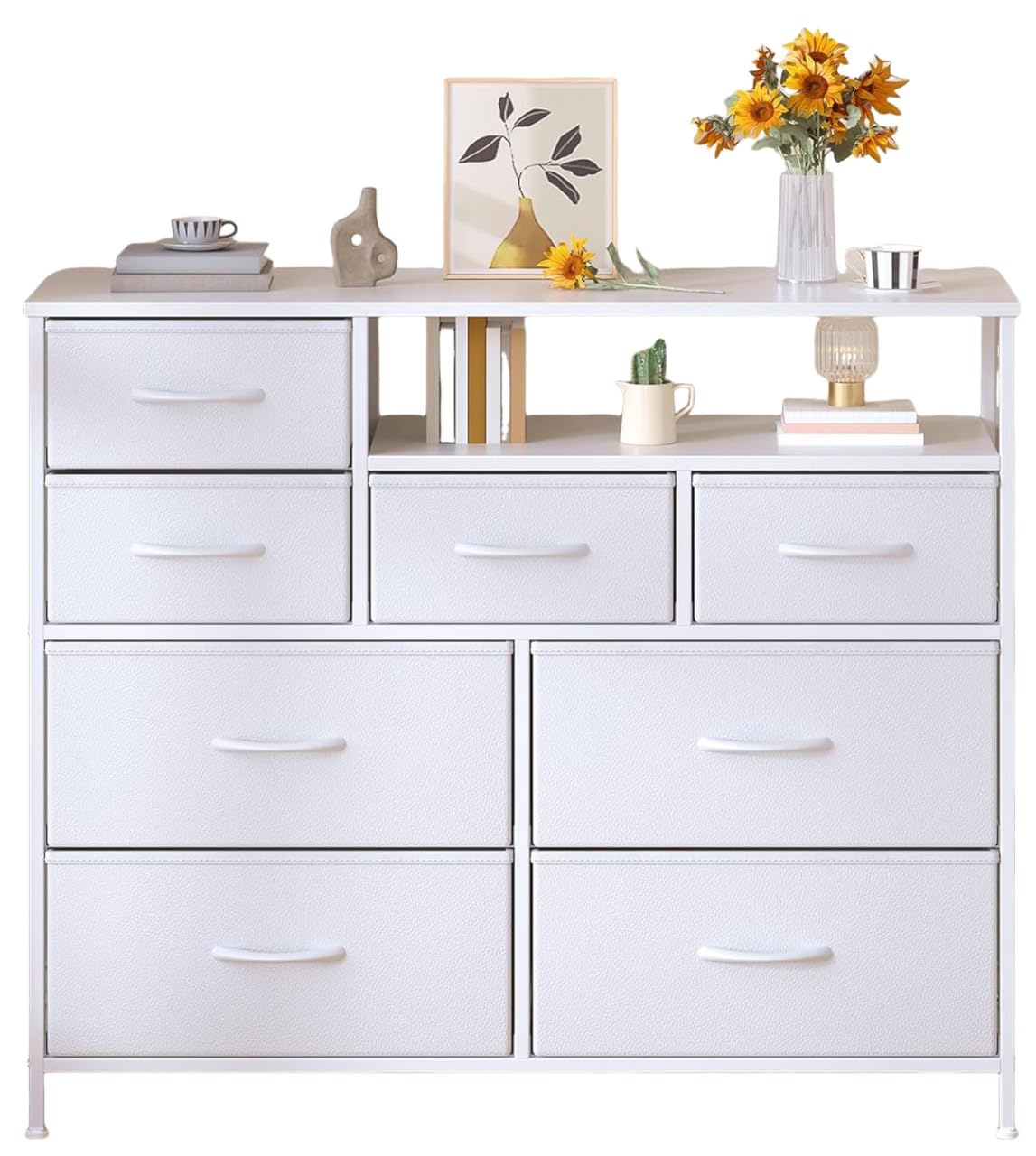 Feonase Chest of Drawers Bedroom, Fabric Dresser with 8 Drawers, Storage Dresser with 2 Layer Shelves, Tall Storage Organizer Unit with Steel Frame, for Bedroom, Living Room, Hallway