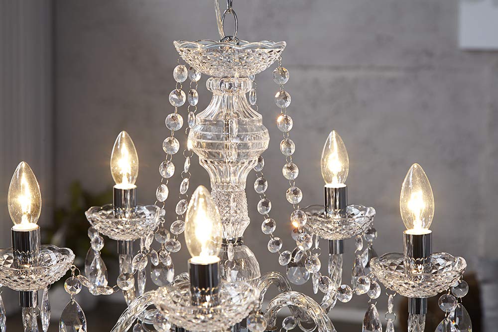 Riess Ambiente Moderner Kronleuchter CRYSTAL Klar 55cm mit 5 Armen Acrylglas E14 5-flammig Kerzen Lüster mit 15 Prismen Deckenleuchte