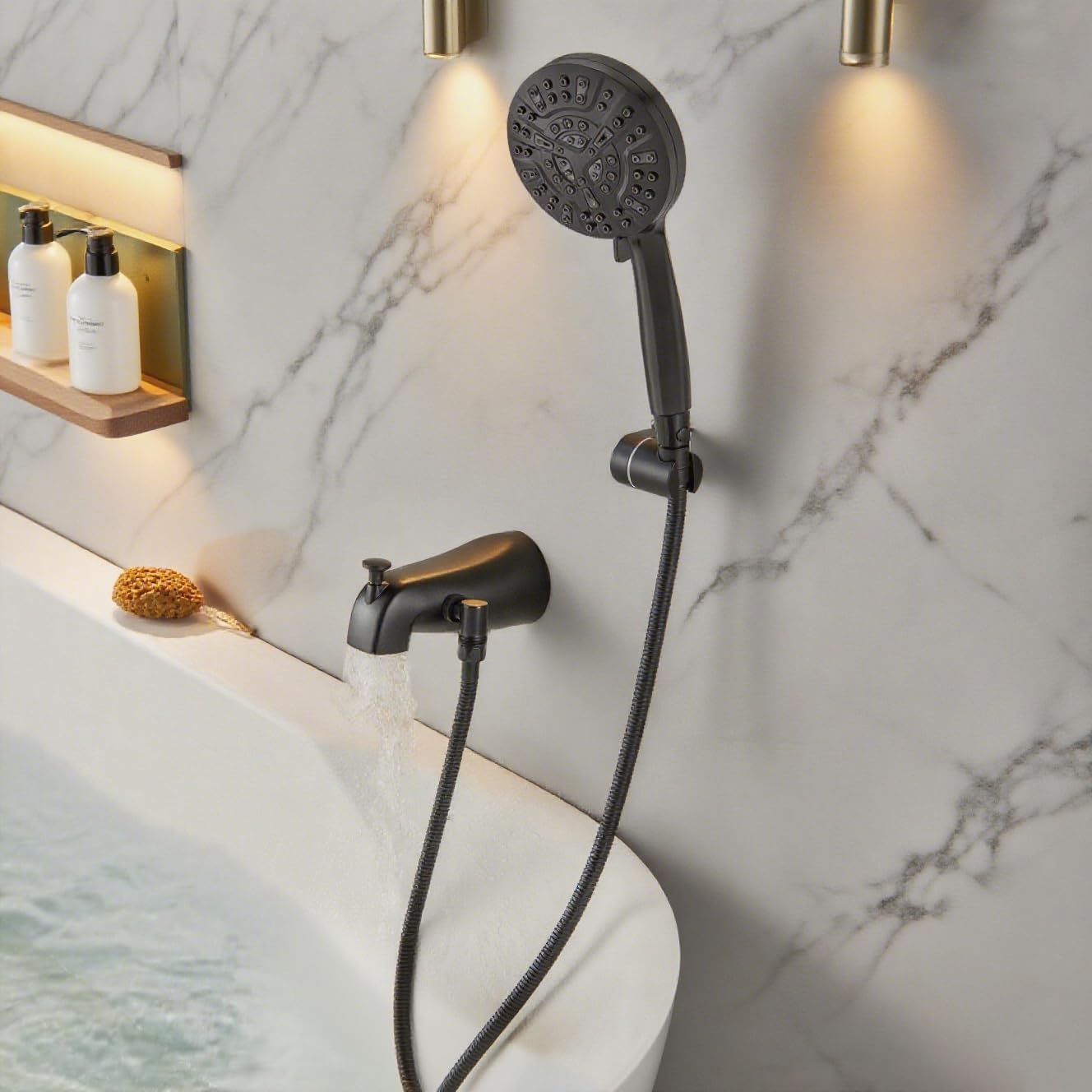 Black Tub Spout with Diverter,10 Settings High Pressure Hand held Shower with ON/OFF Pause Switch, All Metal Bathtub Faucet with Sprayer