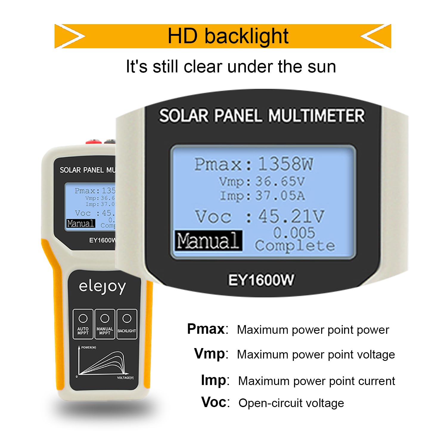 SolaMr 1600W Upgrade Solarpanel Tester MPPT Photovoltaik-Multimeter mit ultra Klarem LCD, Intelligente MPPT Leerlaufspannung Fehlersuche und Datenprüfung für Solar-PV-Prüfung -EY 1600W