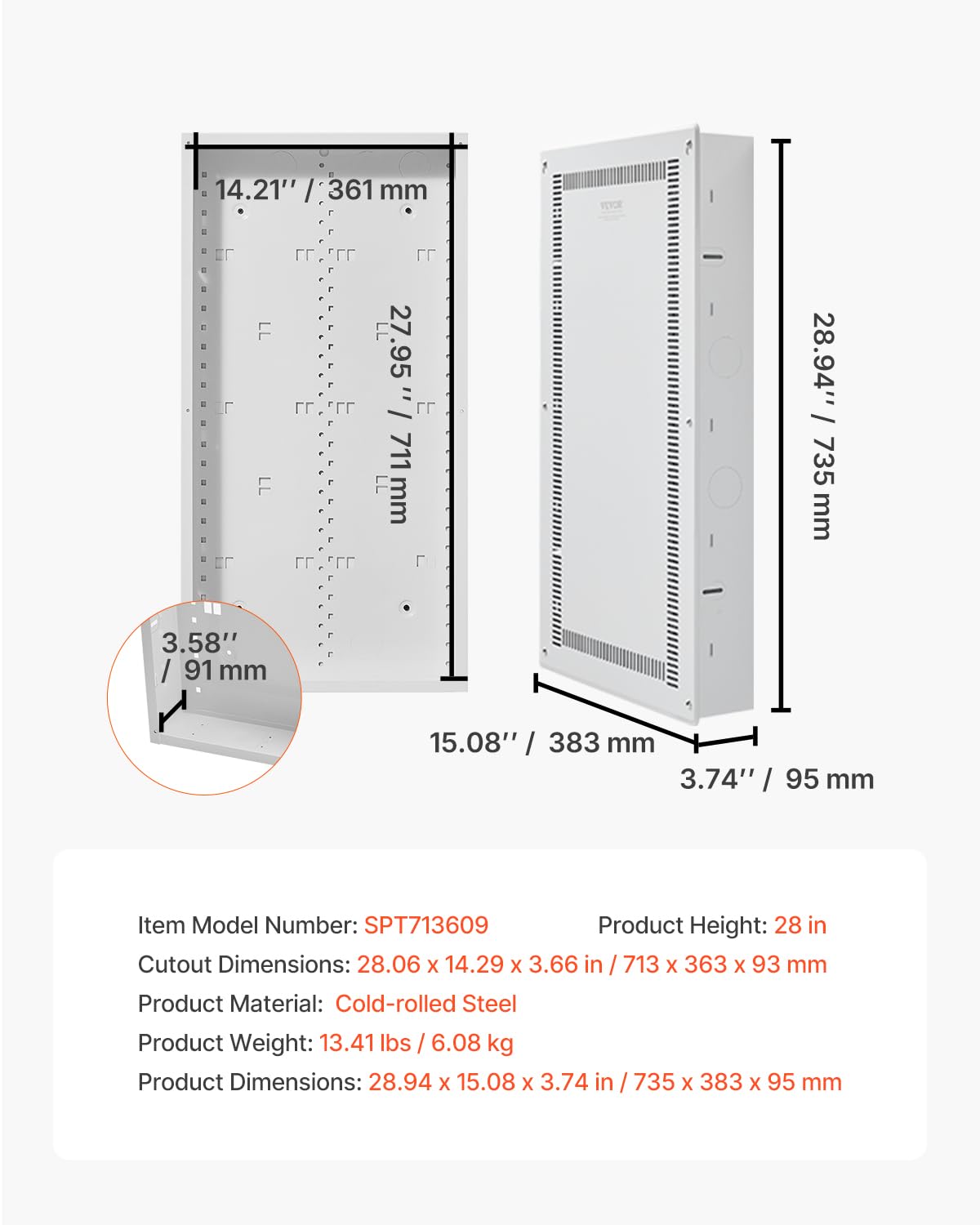 VEVOR Boîtier multimédia structuré, 71,1 cm, boîte multimédia encastrée avec couvercle, kit de gestion de câbles à montage mural, armoire multimédia à câblage structuré, acier laminé à froid, pour TV