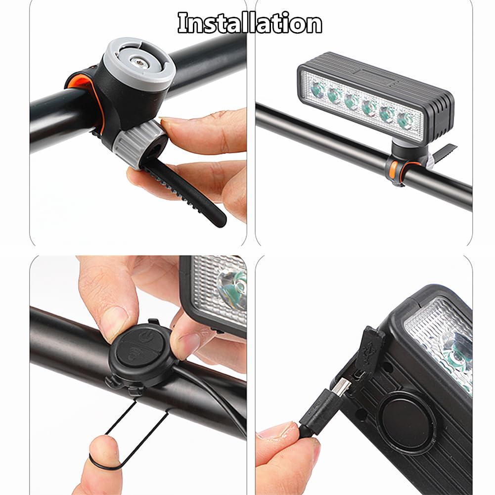 Phares de Vélo avec Klaxon, WASAGA Feux Avant de Vélo à 6 LED avec Klaxon à Distance Filaire et Batterie Intégrée de Grande Capacité pour Un Mode D'éclairage Le Plus Lumineux Pendant 4,5 Heures
