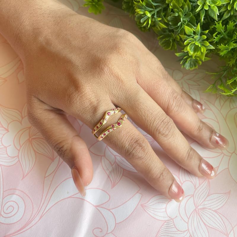 Red Ruby & White Diamond V Shaped Enhancer Guard For Women, 14k Gold Finish Ruby Anniversary Wrap Ring, Anniversary Band