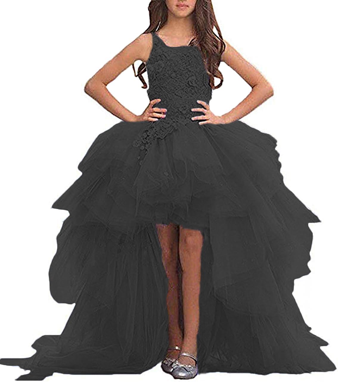 High Low Flower Girls Dresses Appliques Tulle Communion Party Princess Wedding Pageant Ball Gown Dress
