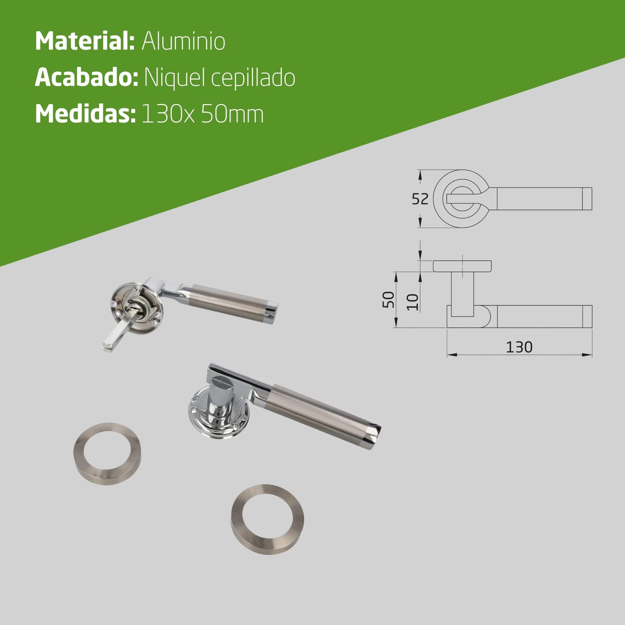 Amig - Pack de 4 Juegos de Manillas de Roseta para Puertas - Mod. RUMI - Ø52 mm - Cuadradillo de 8 mm - Manija de Diseño Elegante y Sencillo - Aluminio Níquel Cepillado