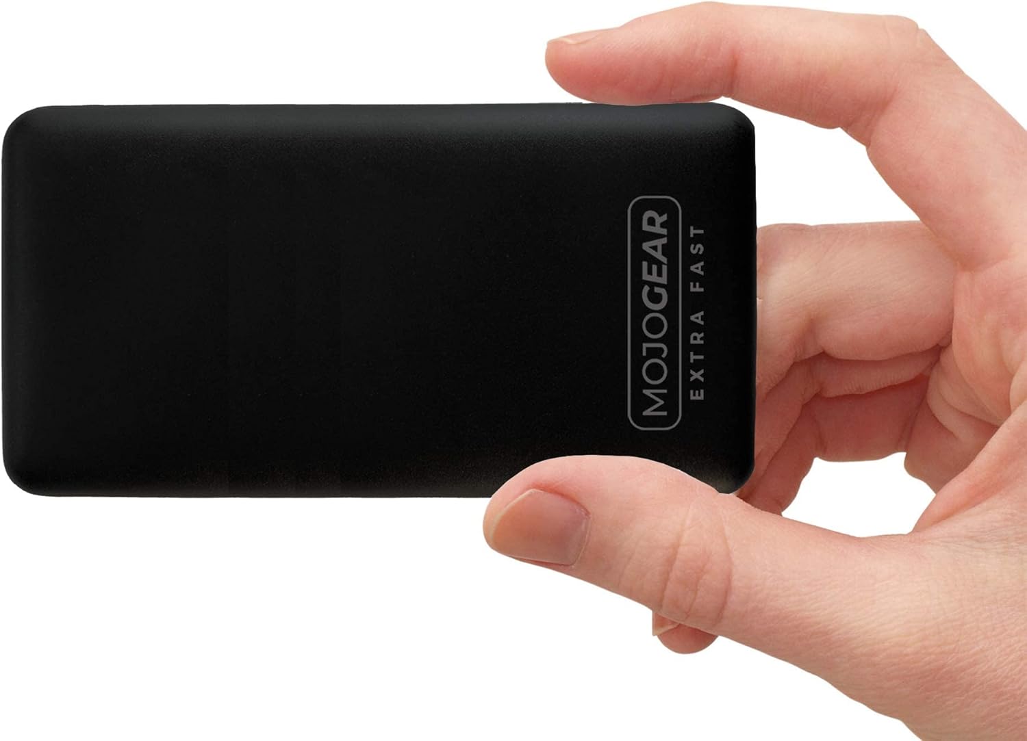 MOJOGEAR Power Bank held in hand, showing compact size