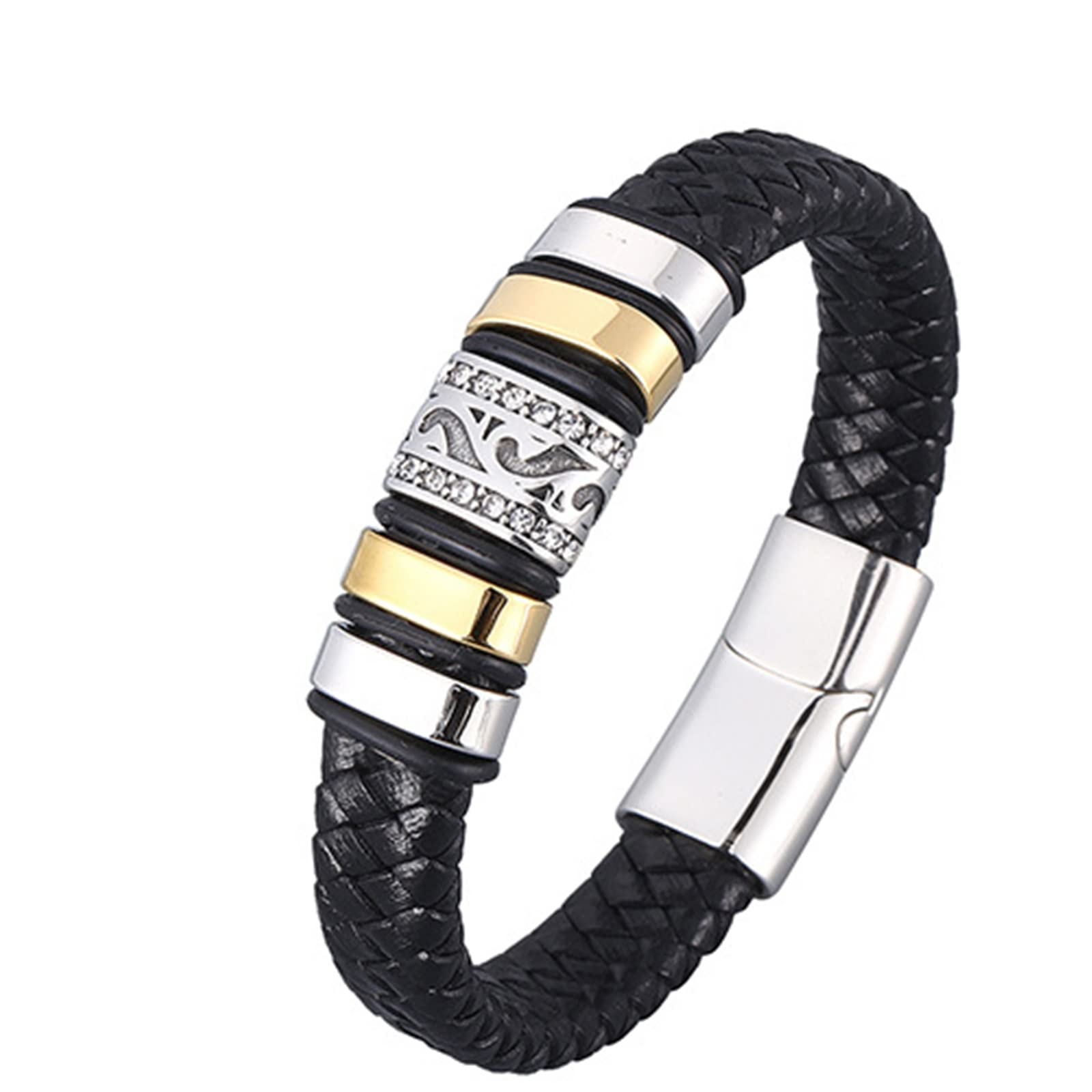 Armband für Herren aus Edelstahl, Herrenarmband, schwarzes geflochtenes Lederarmband mit silberner Schnalle, 16,5 cm Länge, Hip-Hop-Schmuck, Herrenarmband