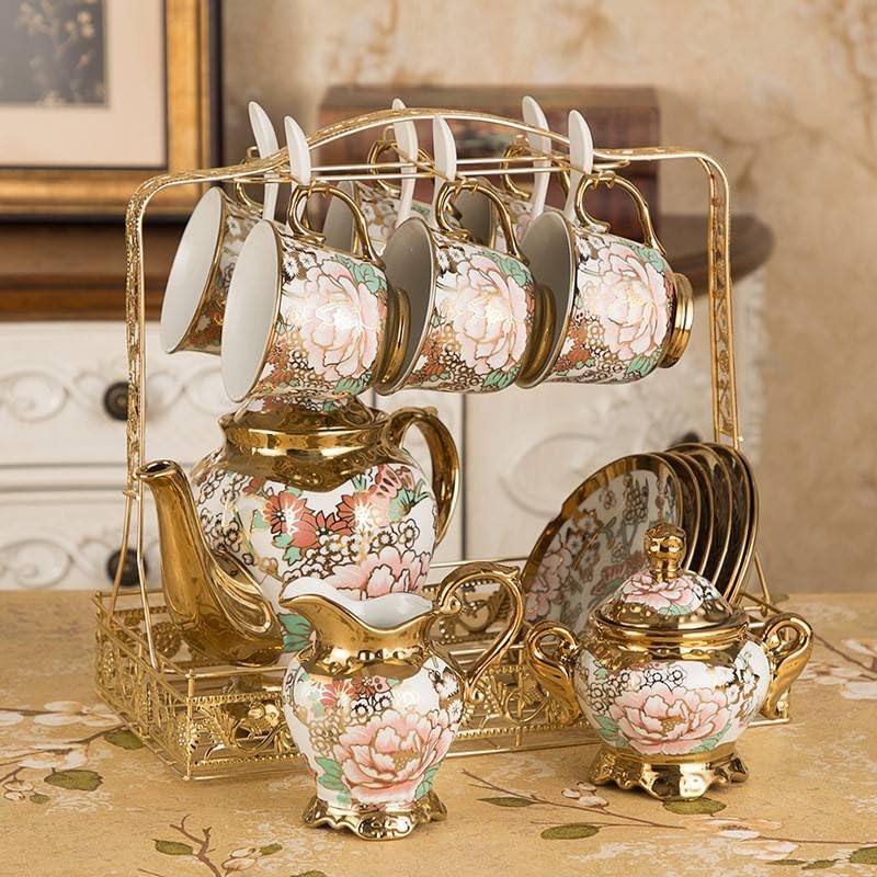 Chougnar European Luxury Ceramics Coffee Cup Set Vintage Tea Cup With Storage Rack