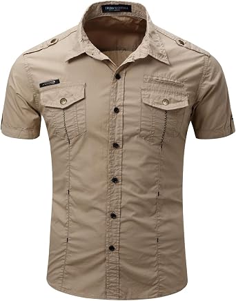 HULANG Mens Military Short Sleeve Twill 
