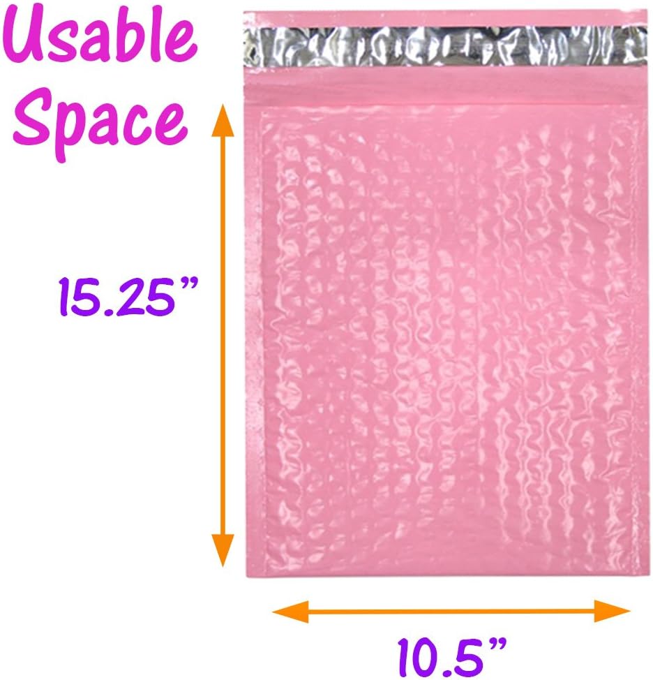 10.5 x 16" Designer Poly Bubble Mailers, Shipping Padded Envelopes, 10.5x15, Pink, Purple, Teal, Black, Orange, Blue, Yellow, Self Sealing with Custom Kissy Stickers (Pastel Pink, 100)