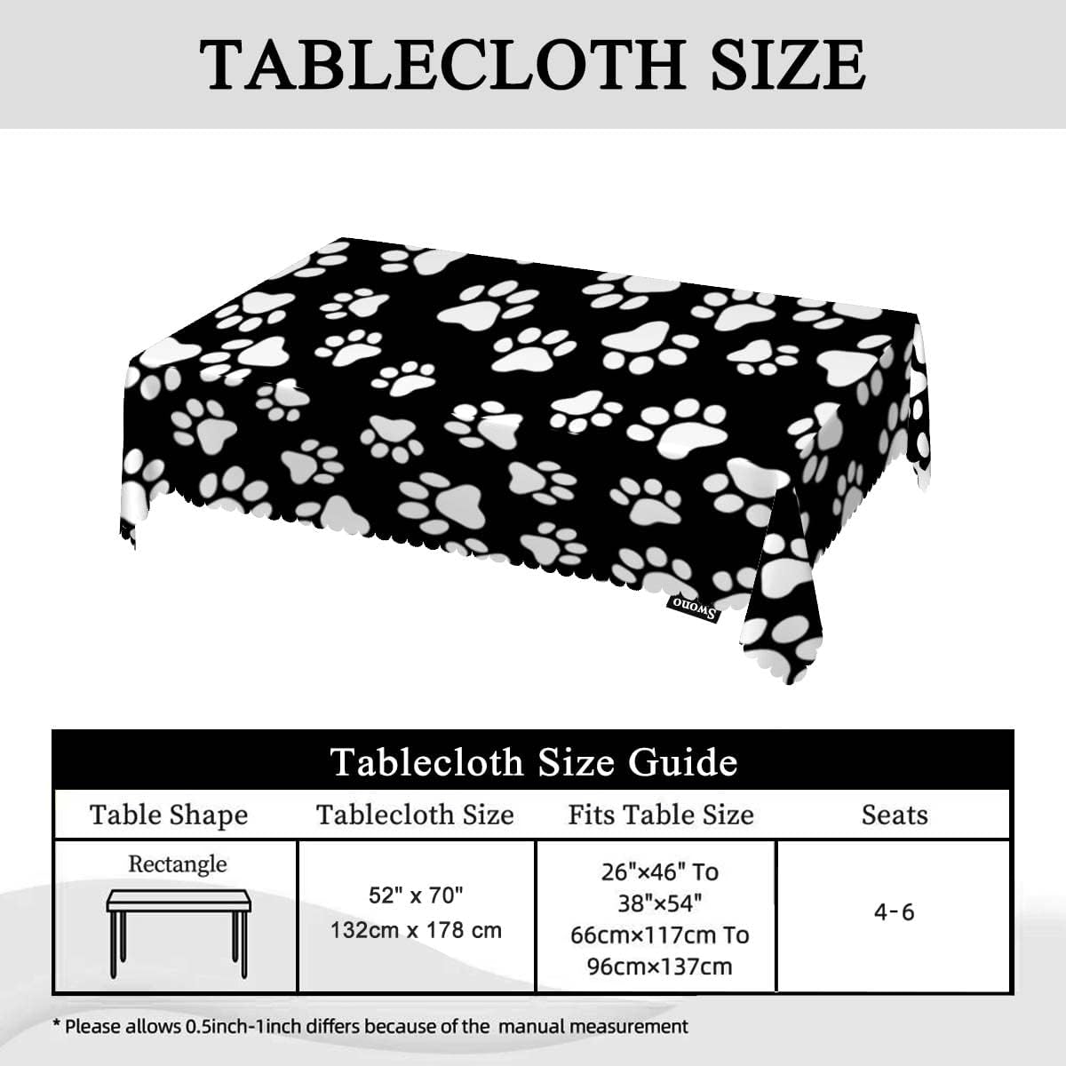 Swono Decorative Rectangle Table Cloth Dog Paw, Cat Footprint Dog Paw Prints Black White Polyester Tablecloth Kitchen Table Cover for Dining BBQ Picnic Coffee Table 50x72, 4-6 Seats