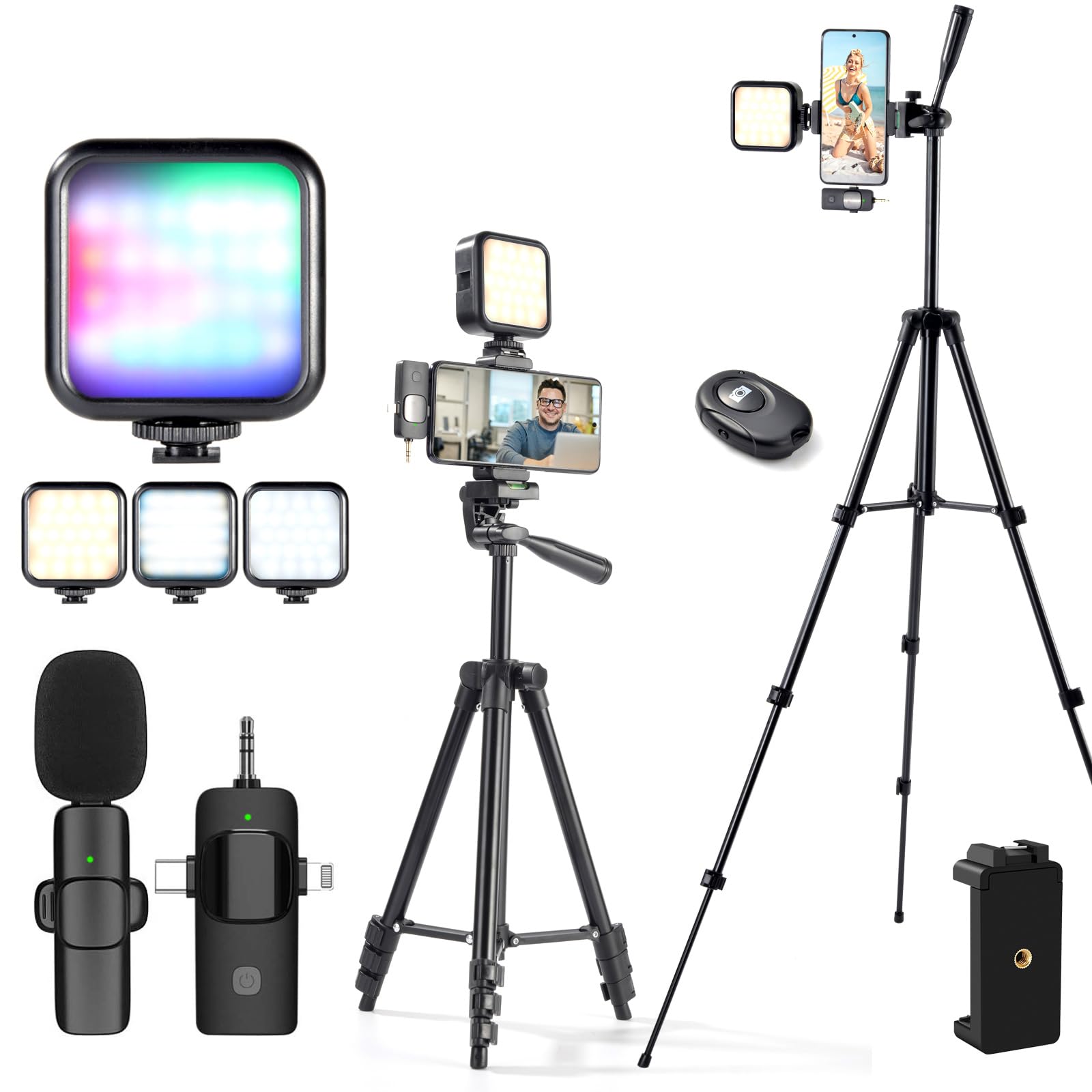 Vlogging Kit for iPhone,YouTube Starter Kit Beginner Content Creator Essentials Kit for Android with Tripod/Wireless Microphone/RGB Fill-in Light/Remote