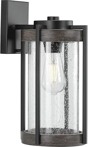 Miniatura 15 de Whitmire Collection - Farol de pared para exteriores con 1 luz de cristal transparente con detalles de roble envejecido, color negro mate