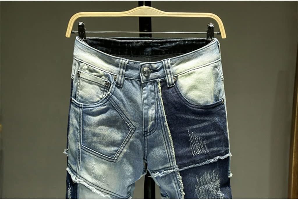 Jeans for Men Slim Fit Elastic Pockets Men's Trousers Hip Hop Streetwear Patchwork Pants Male