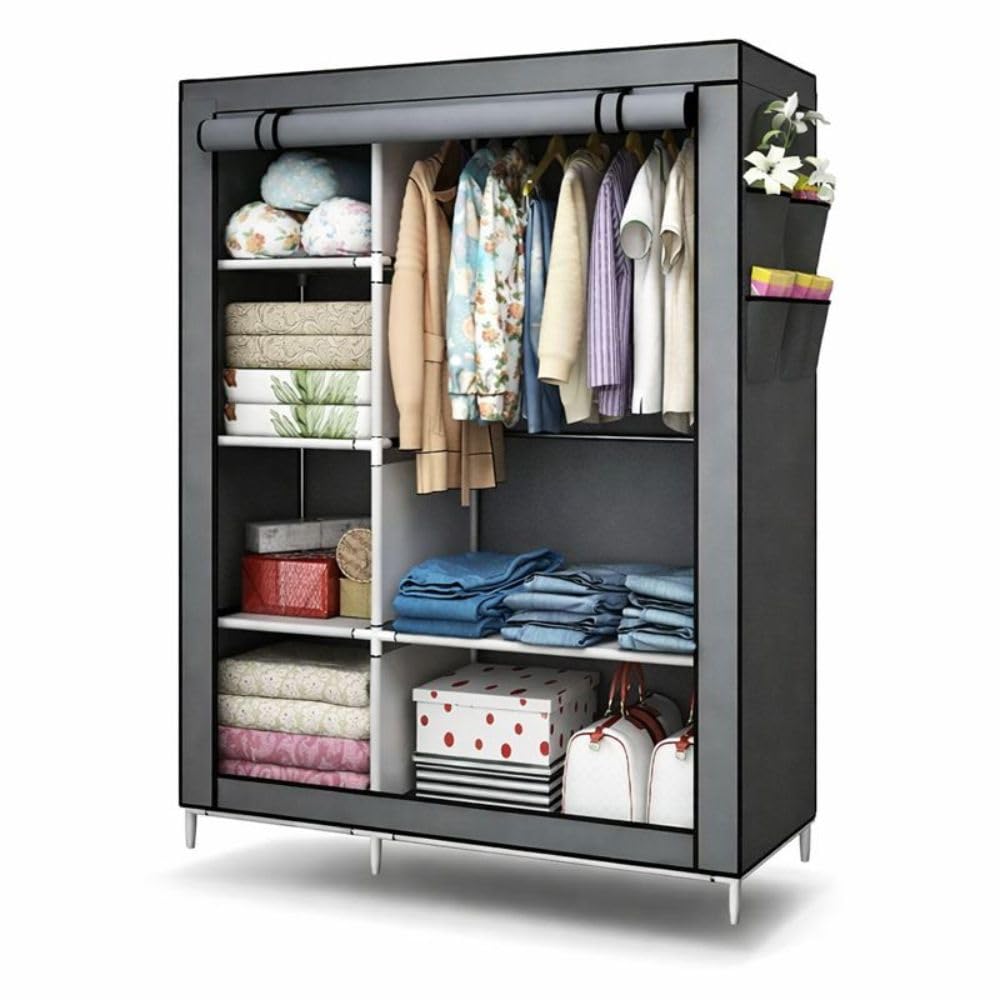 Armadio Guardaroba in Tessuto 105x45x170 cm – Struttura Rinforzata in Acciaio, Antipolvere e Impermeabile, Armadio Portatile con Ripiani e Asta Appendiabiti, Facile da Montare (Grigio)