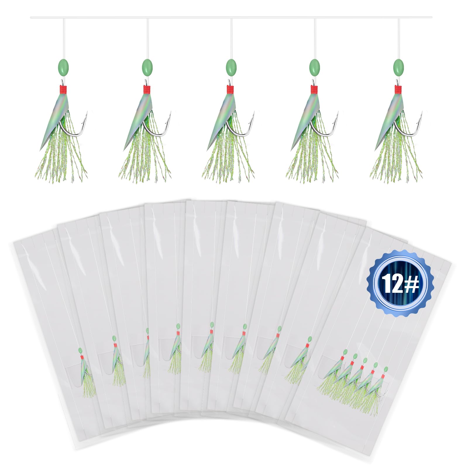 9-Pack Mackerel Assassin with 5 Hook Rigs Lures, Ancable 45 Pre-Tied Saltwater Hooks with Glow Beads & Bionic Feathers, Anti-Rust Hook System for Mackerel (9, Hook Size 12)
