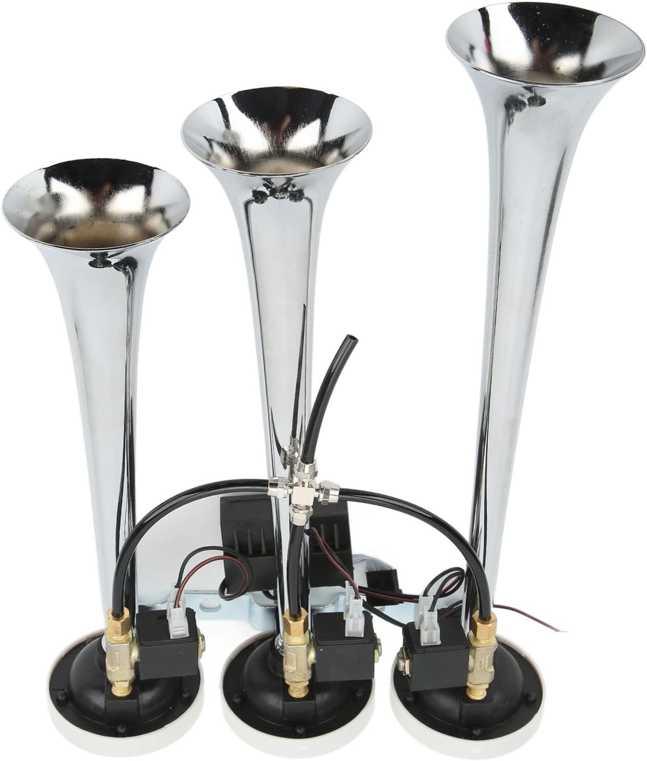 Car 3 Musical Trumpet, DC 12V/24V Super Loud Sound 145dB Chrome Plated Truck Musical Air Horn with 6 Different Tones, Music Airhorn for Trcuk Car Yacht