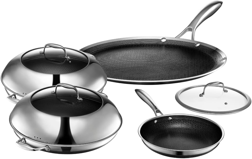 HexClad Hybrid Nonstick 7-Piece Cookware Set, 14" Pan with Lid, 14" Wok with Lid, 12" Griddle, and 10" Pan, Stay-Cool Handles, Dishwasher and Oven-Safe, Induction Ready, Compatible with All Cooktops
