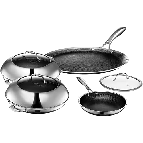 HexClad Hybrid Nonstick 7-Piece Cookware Set, 14" Pan with Lid, 14" Wok with Lid, 12" Griddle, and 10" Pan, Stay-Cool Handles, Dishwasher and Oven-Safe, Induction Ready, Compatible with All Cooktops
