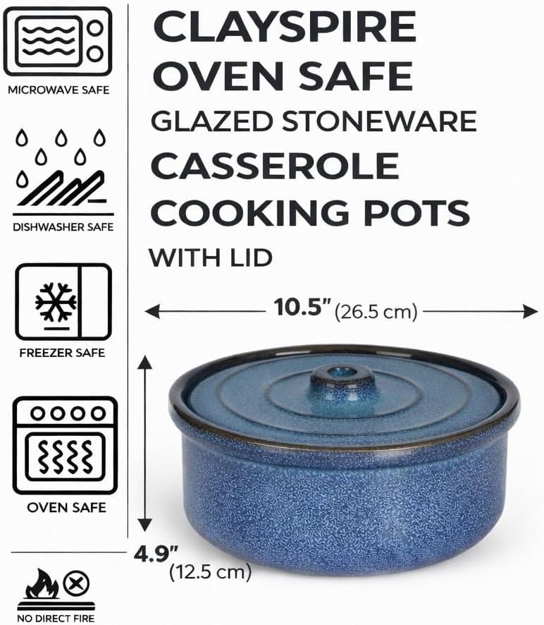 Handmade Stoneware Ceramic Casserole Dish Bakeware with Lid, 3.4 Quart, 10"W x 5"D, Oven to Table Ceramic Round Dish for Dinner and Party-Ocean Blue Color