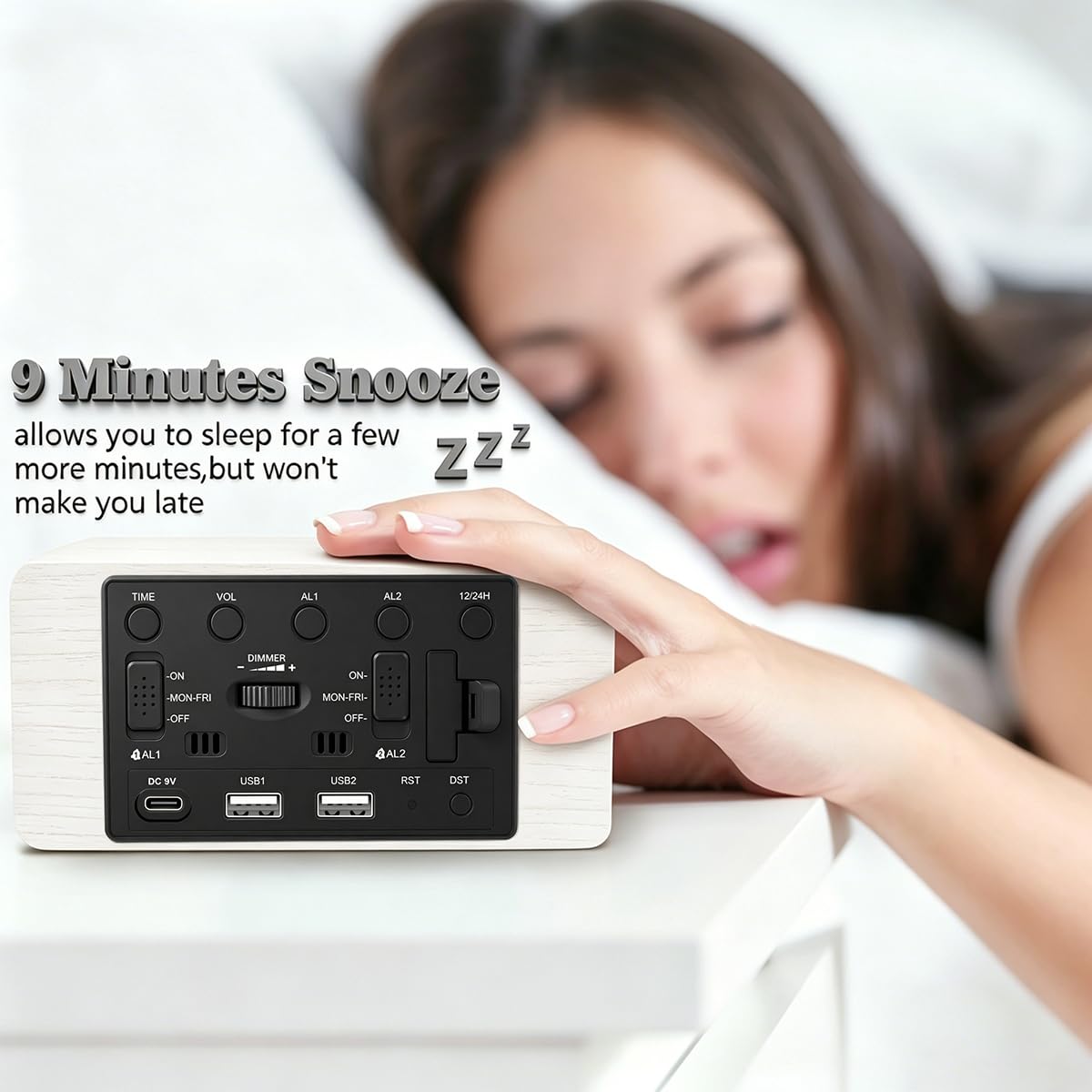 URAYCO Reloj despertador digital de madera, estación de carga inalámbrica rápida de 10 W y 2 puertos de carga USB, con regulador de 0 ~ 99%, alarma dual, modo de día de semana/fin de semana, reloj LED