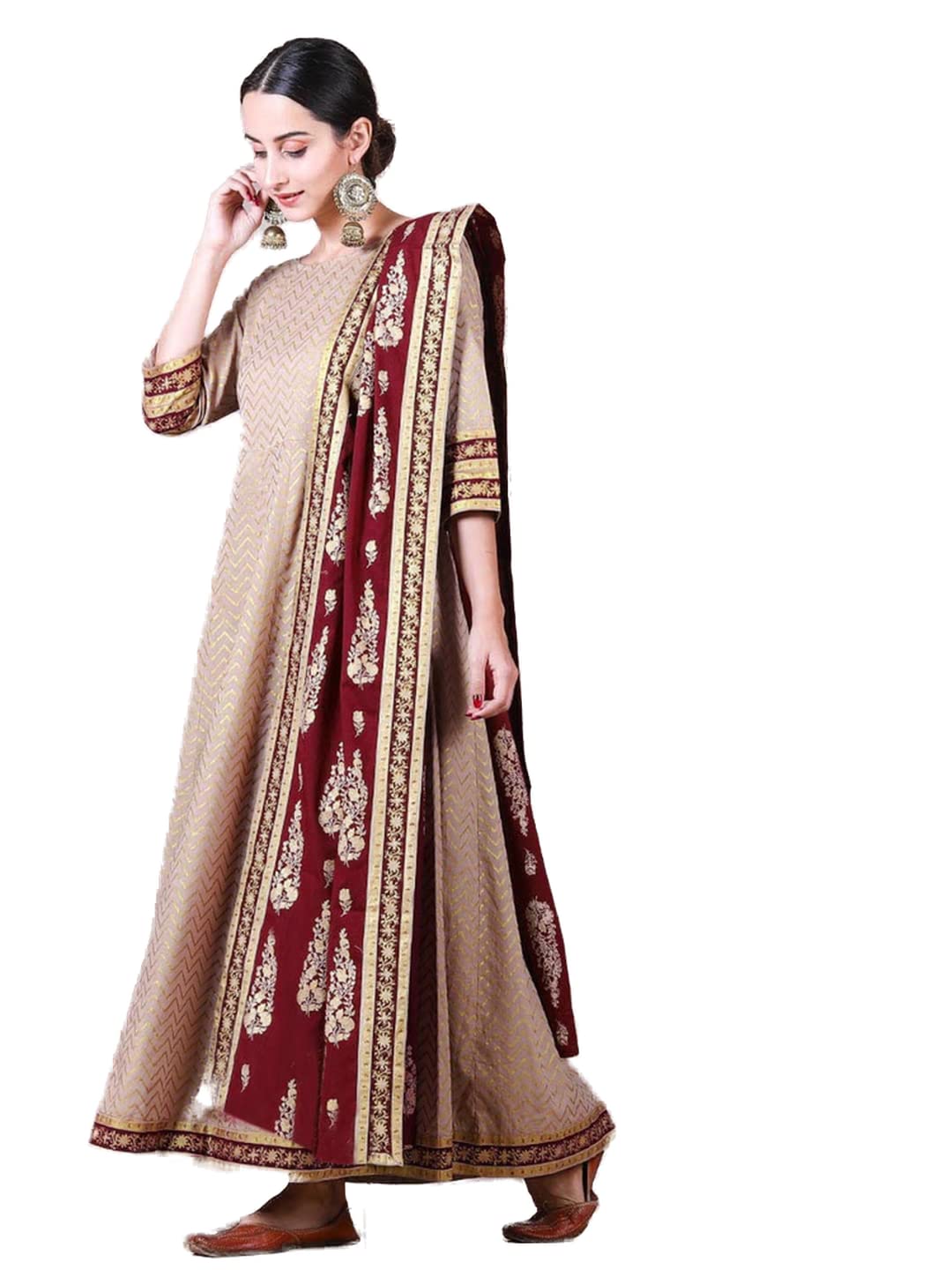 RUSTORANGEBeige Kalidaar Dress With Maroon Dupatta
