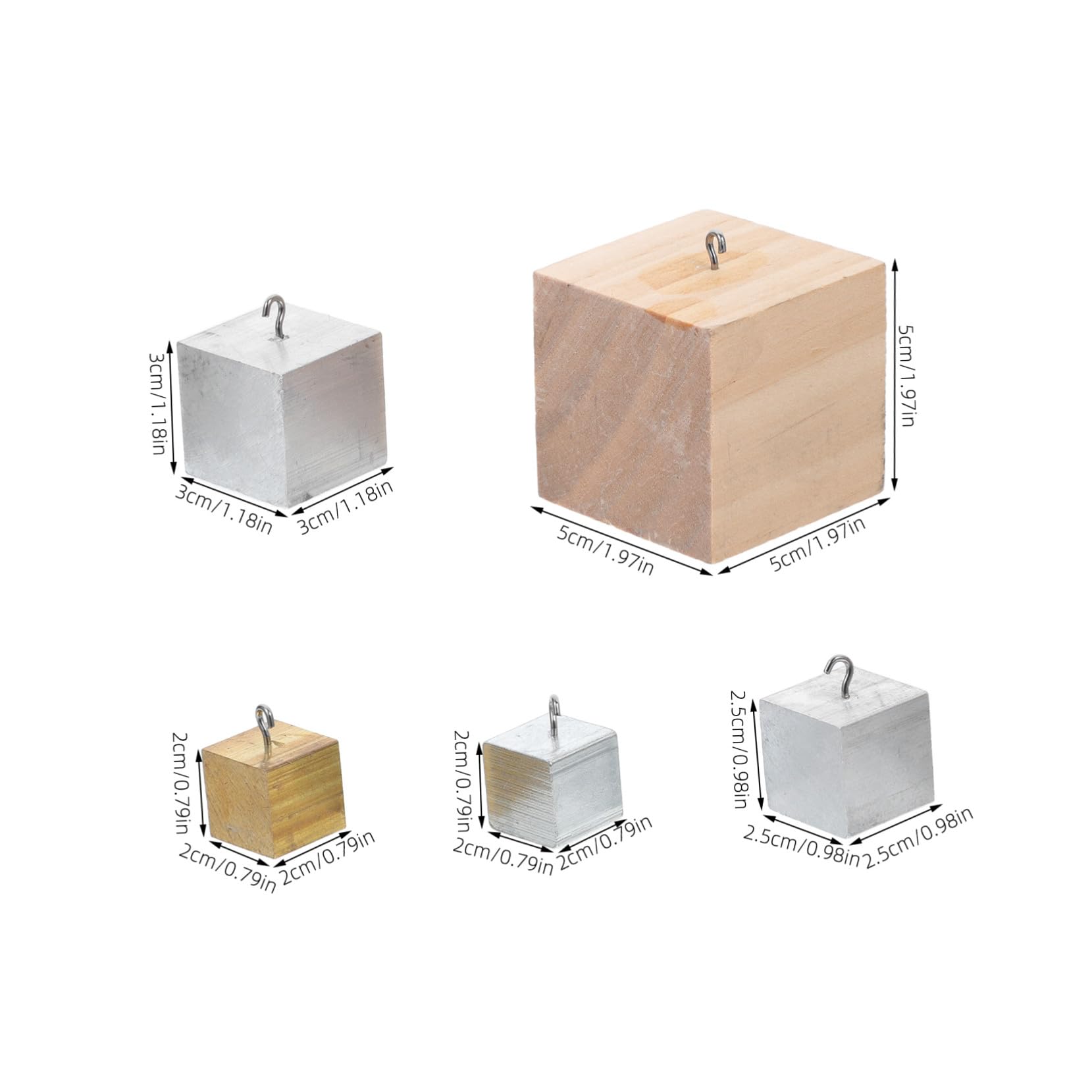 Hohopeti 5 Stück Teiliges Dichtewürfel Set aus Kupfer Eisen Aluminium Holz mit Haken Vielseitiges Wissenschaftliches Experimentierinstrument für Physikunterricht und Demonstrationen