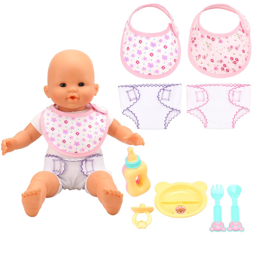 Barwa Baby Doll Accessories 4pc Feeding Set and 2pc Diapers 2pc Bibs for 14-18 Inch Dolls